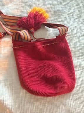 Handwoven Red Crossbody Bag with Colorful Strap